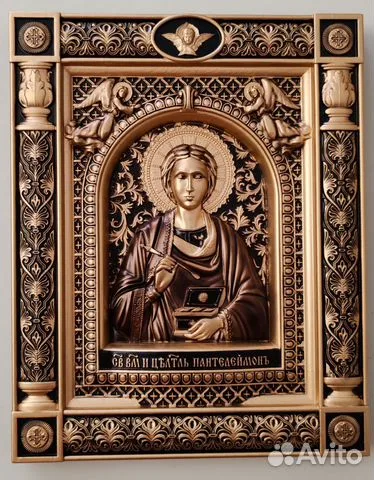 Резная Икона из дерева Святой Пантелеймон Целитель — красивый подарок