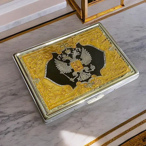 Подарочный мужской портсигар "Герб РФ"/ на 9 сигарет. Златоуст