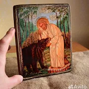 Икона "Серафим Саровский кормит медведя" — оригинальный подарок — фотография 3